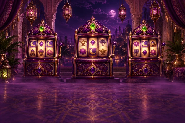 Drei verzierte Spielautomaten in einer Palasthalle